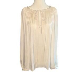 Tahari Oyster White Pleated Tie Neck Blouse XL Long Sleeve Keyhole Top